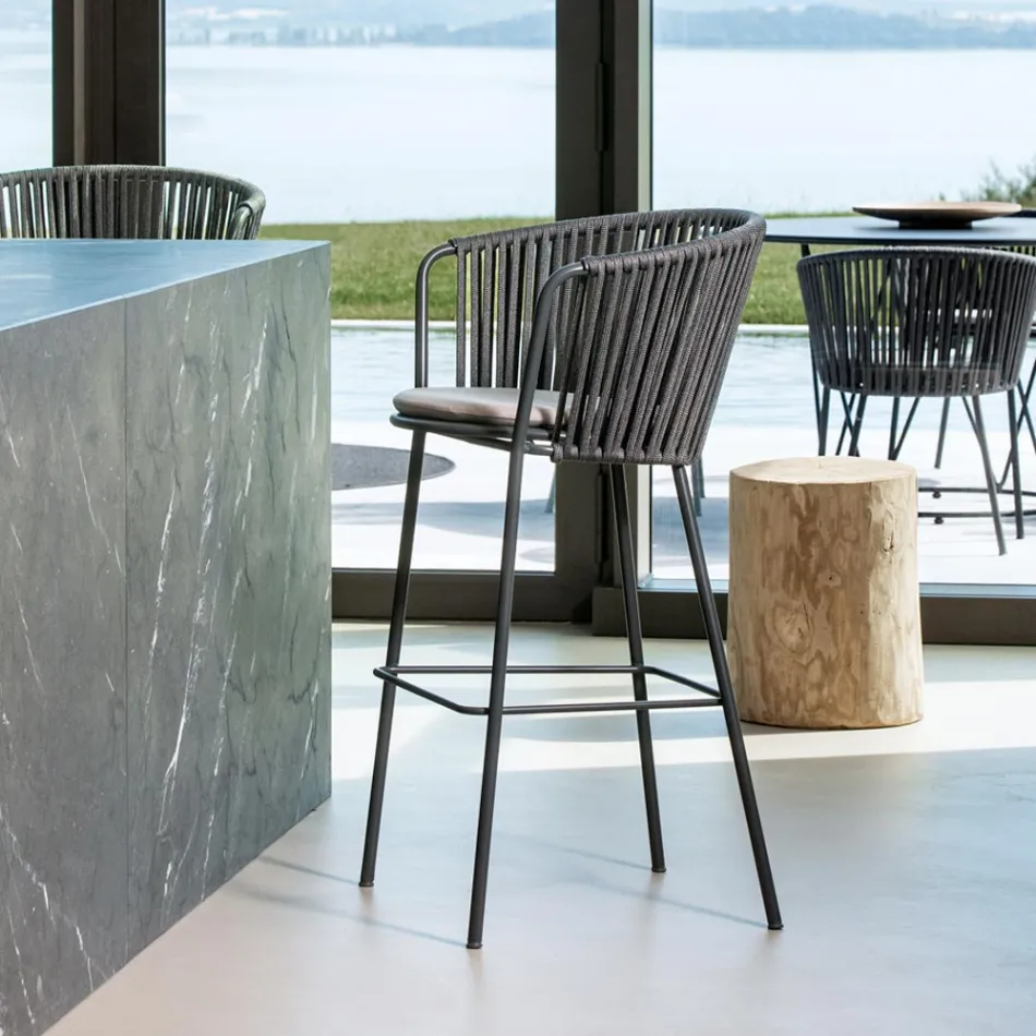 Tabouret de jardin en acier inoxydable et dossier en corde - Luxura Viadurini