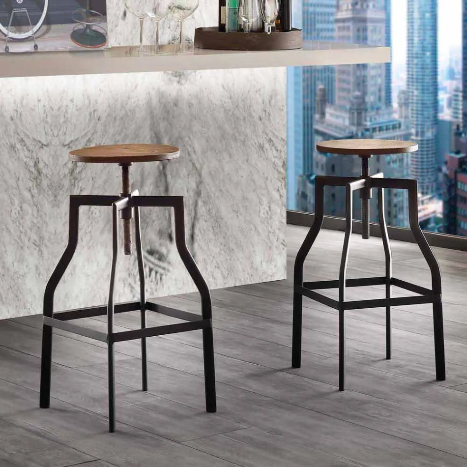 Tabouret design réglable en métal et bois fabriqué en Italie Livourne Viadurini