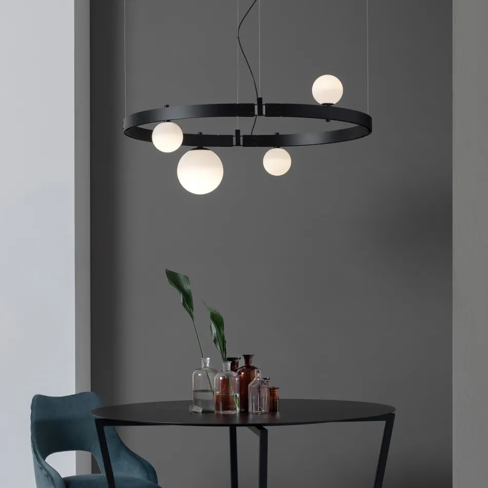 Suspension Design Ovale en Aluminium Noir avec Sphères et Spots - Exodus Viadurini