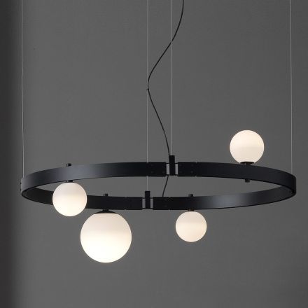 Suspension Design Ovale en Aluminium Noir avec Sphères et Spots - Exodus Viadurini