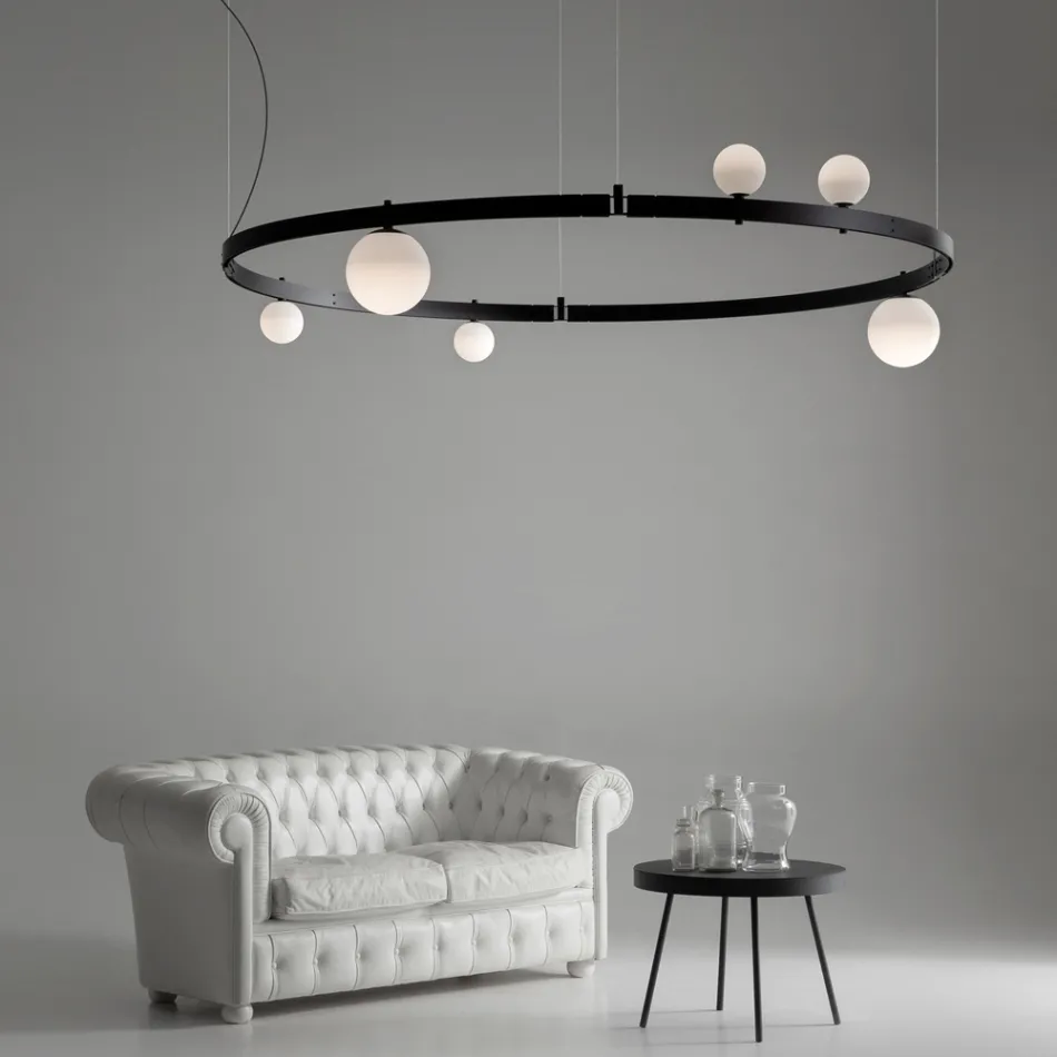Suspension Design Ronde en Aluminium Noir avec Sphères et Spots - Exodus Viadurini