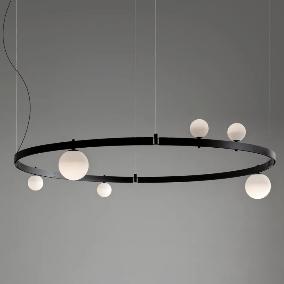 Suspension Design Ronde en Aluminium Noir avec Sphères et Spots - Exodus Viadurini