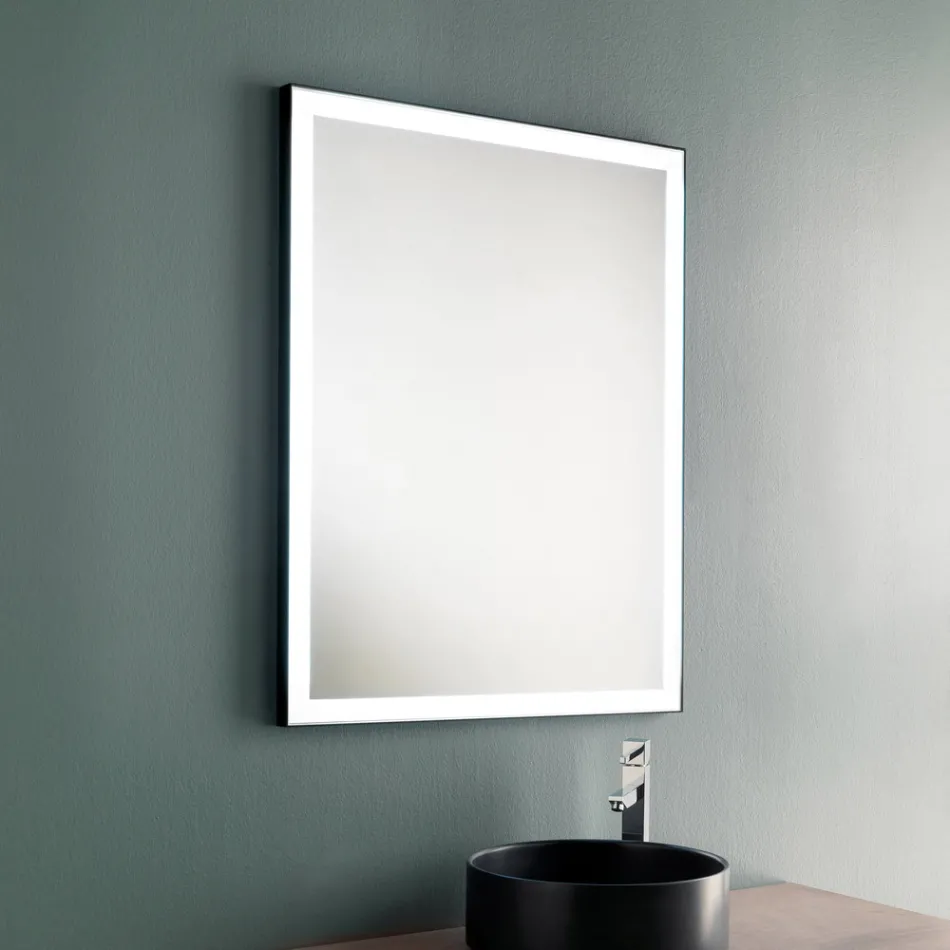Miroir de salle de bain mural avec cadre en métal noir et LED Made in Italy - Chebeo Viadurini