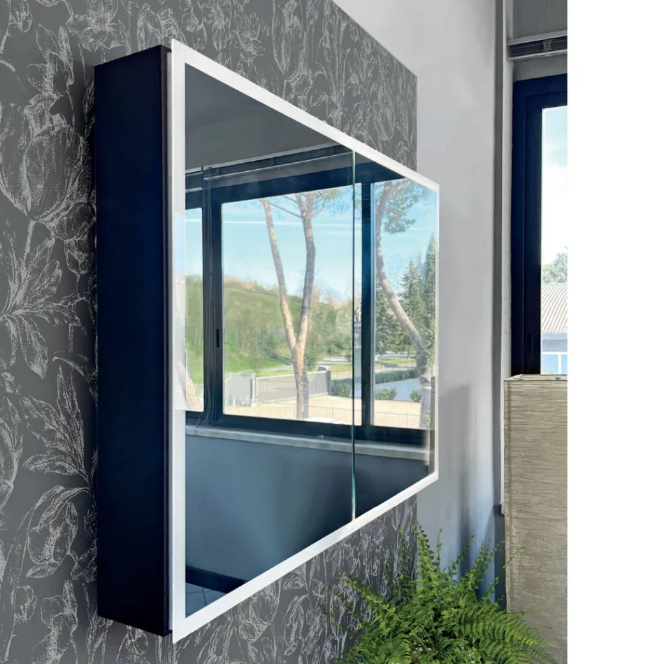 Récipient miroir en bois avec double miroir et lumières fabriqué en Italie - Darwin Viadurini