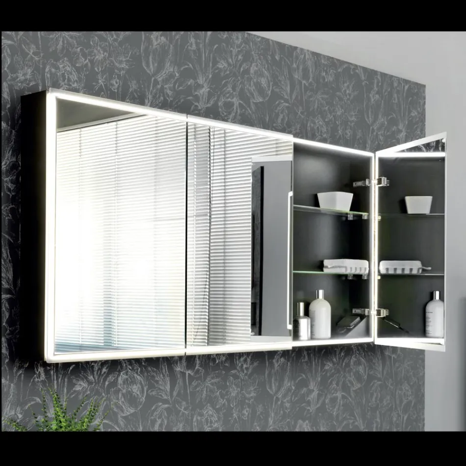 Récipient miroir en bois avec double miroir et lumières fabriqué en Italie - Darwin Viadurini