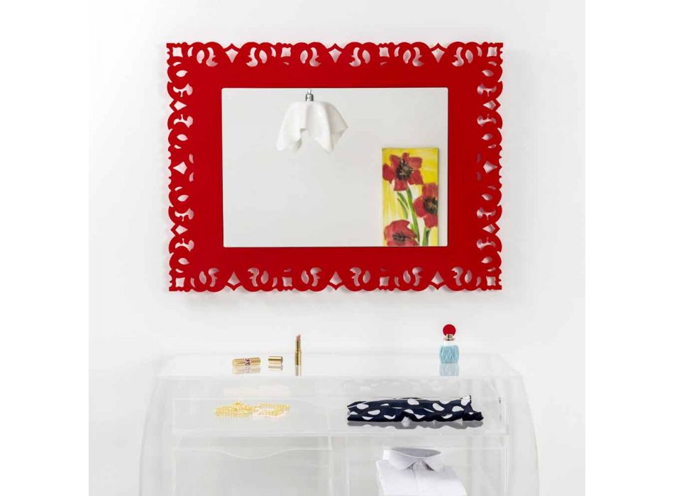 Miroir mural rouge avec macramé décoratif Tonya fait en Italie Viadurini