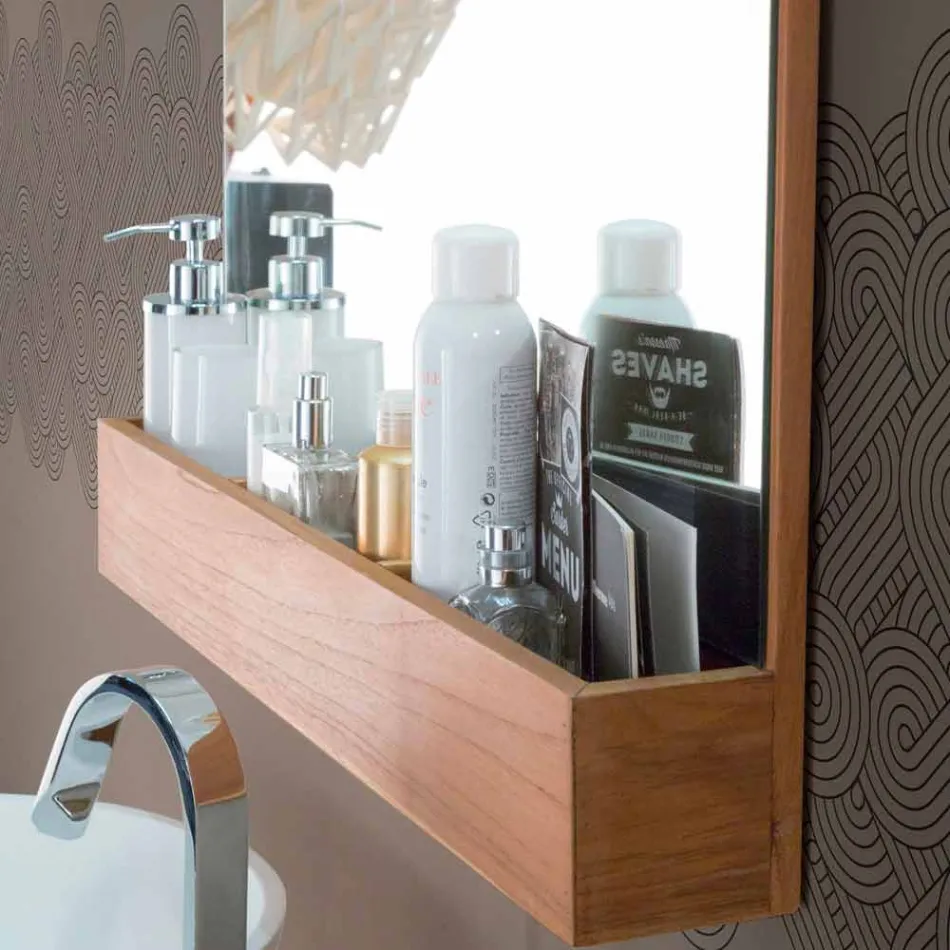 Miroir mural avec structure et compartiment de rangement en bois de teck - Palima Viadurini