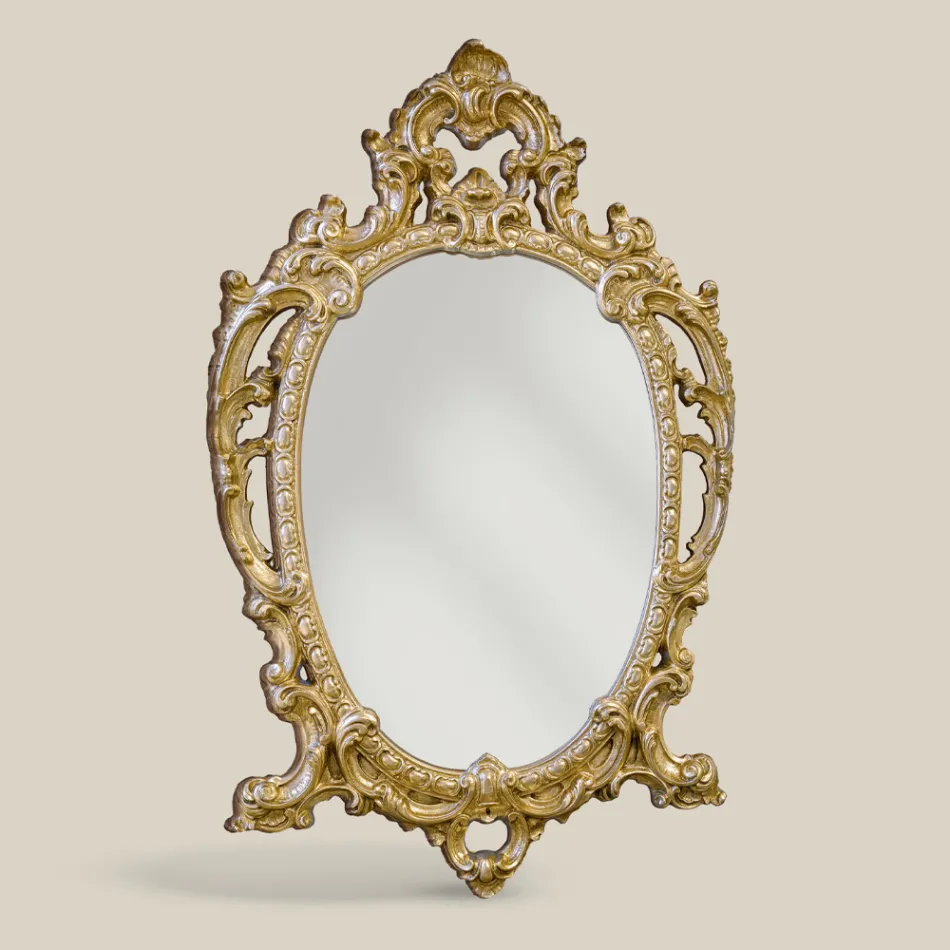 Miroir ovale classique en bois de feuille d'or et d'argent fabriqué en Italie - Vanessa Viadurini