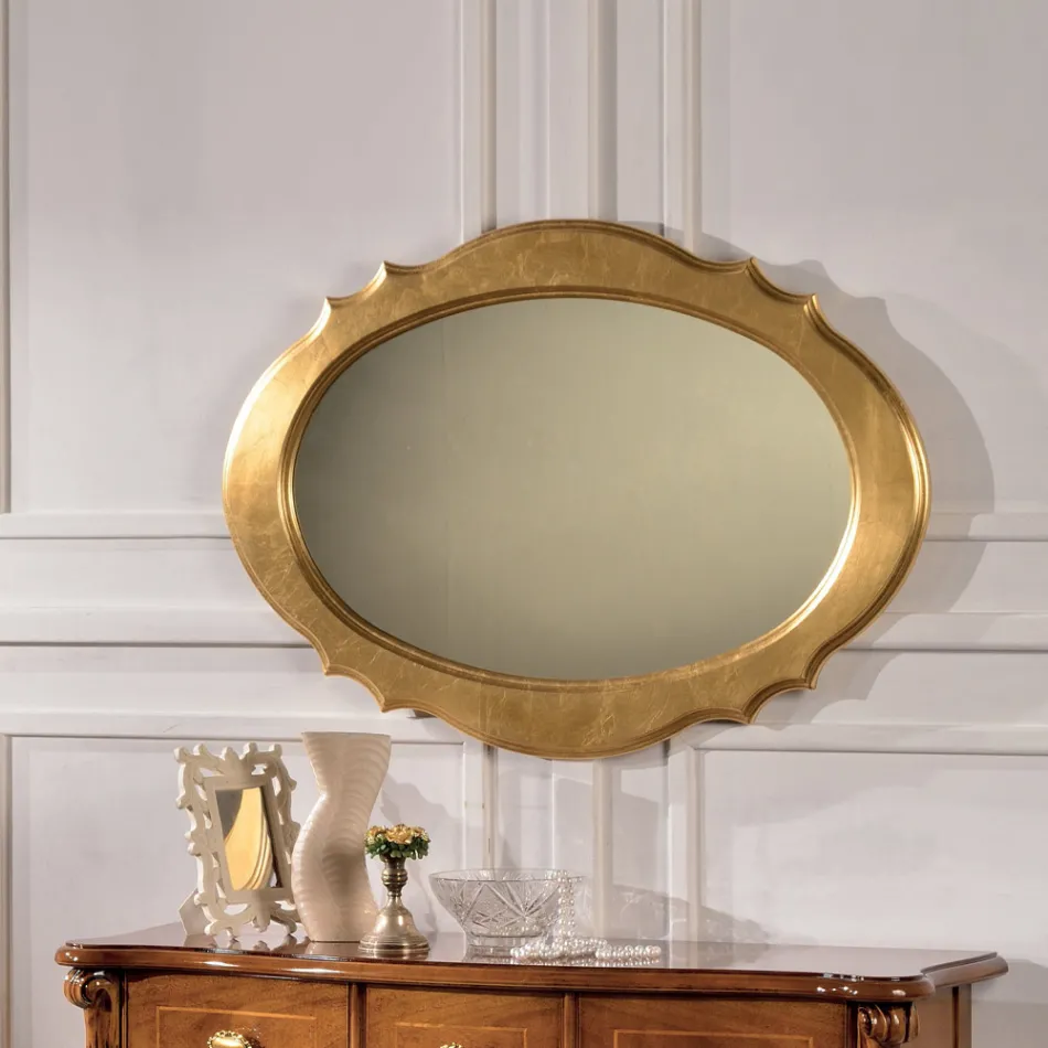 Miroir ovale avec cadre en bois à la feuille d'or Made in Italy - Florence Viadurini