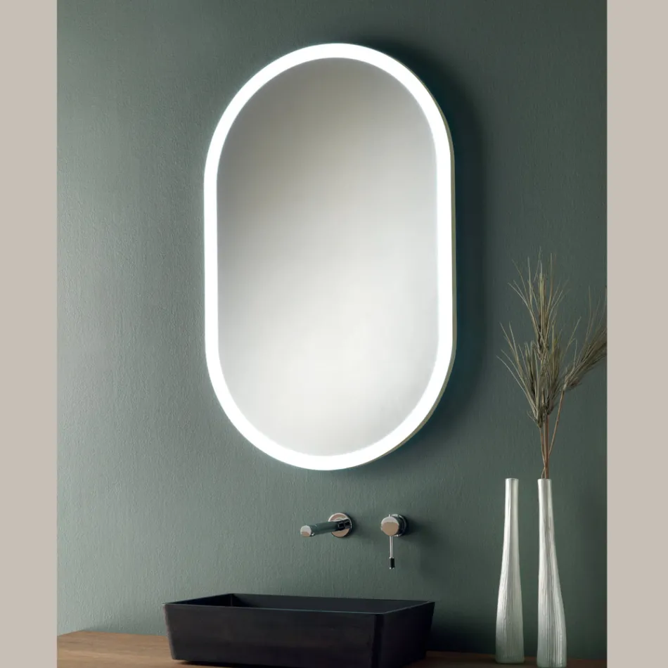 Miroir ovale avec cadre en métal et lumières fabriqués en Italie - Mozart Viadurini