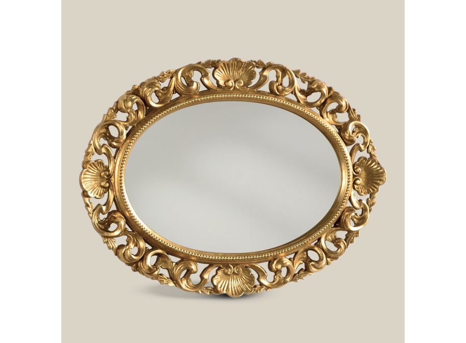 Miroir ovale avec cadre en bois perforé à la feuille d'or Made in Italy - Florence Viadurini