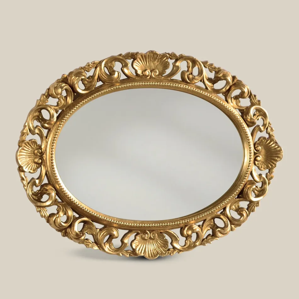 Miroir ovale avec cadre en bois perforé à la feuille d'or Made in Italy - Florence Viadurini