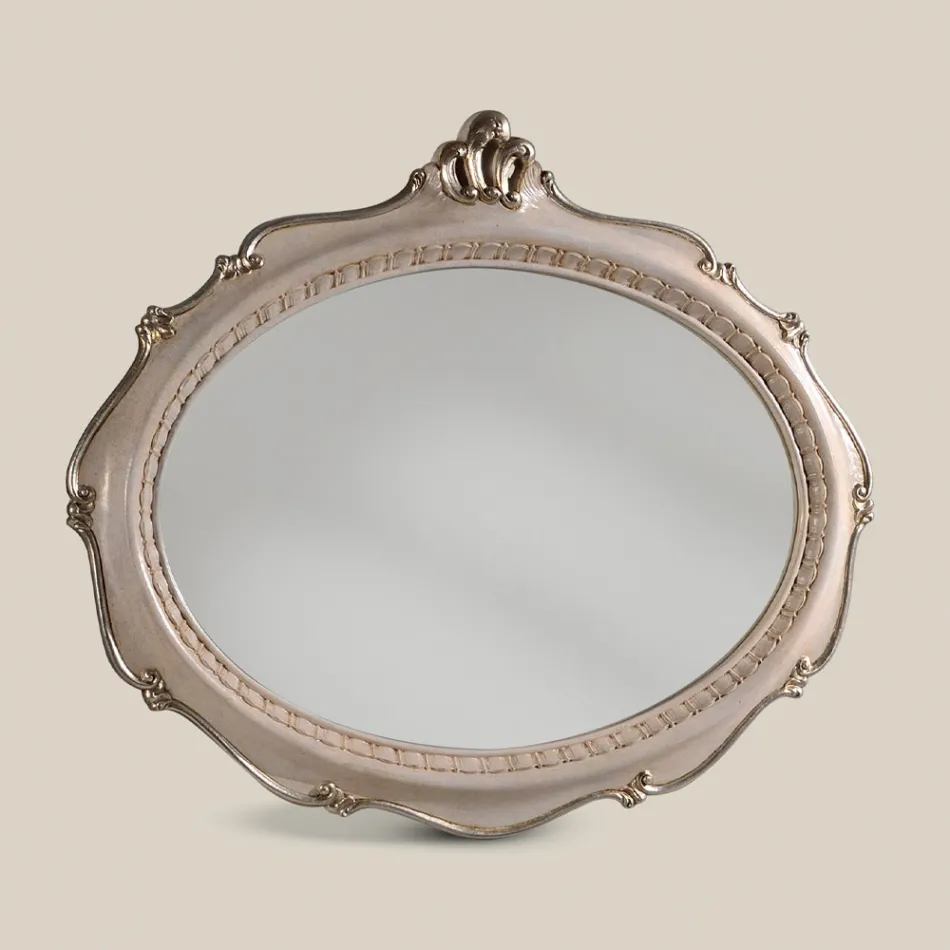 Miroir ovale de style classique en bois argenté antique fabriqué en Italie - Florence Viadurini