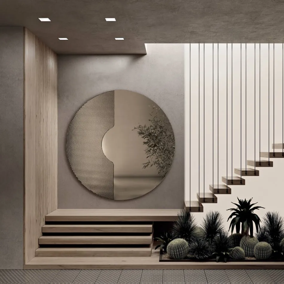 Miroir mural rond avec insert en maille, fabriqué en Italie - Annabella Viadurini