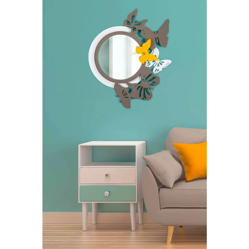 Miroir rond de design moderne en bois coloré avec papillons - Beat Viadurini