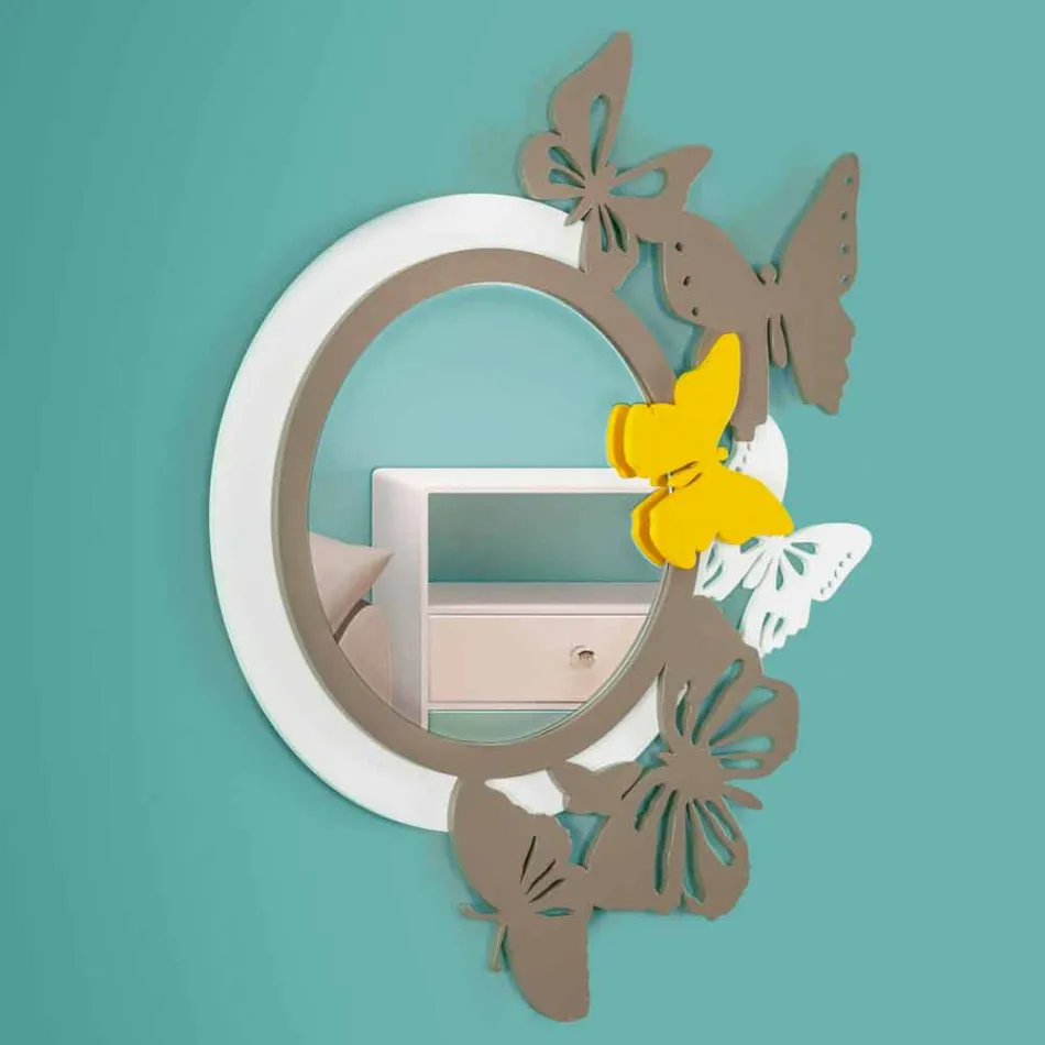 Miroir rond de design moderne en bois coloré avec papillons - Beat Viadurini