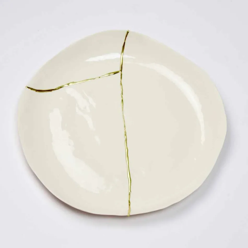 Plateau de Poche Design Rond en Porcelaine Blanche et Feuille d'Or - Cicatroro Viadurini