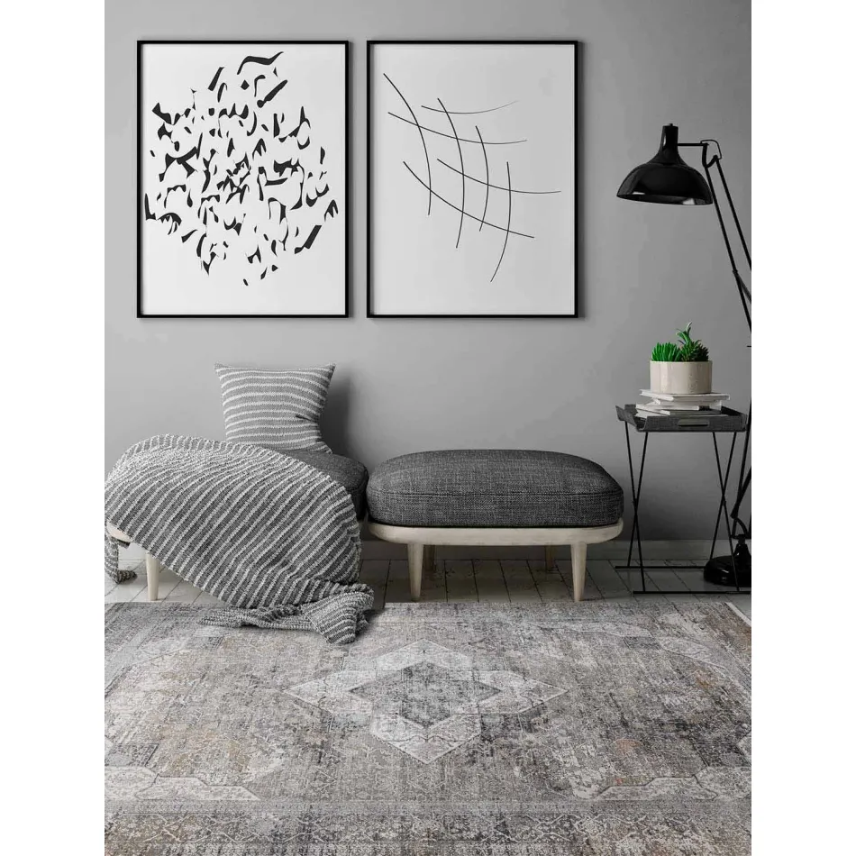 Tapis design en viscose et beige acrylique gris avec motif - Président Viadurini