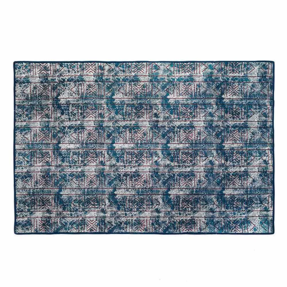 Tapis Rectangulaire en Coton Kilim Bleu avec Patchwork Coloré - Fibre Viadurini