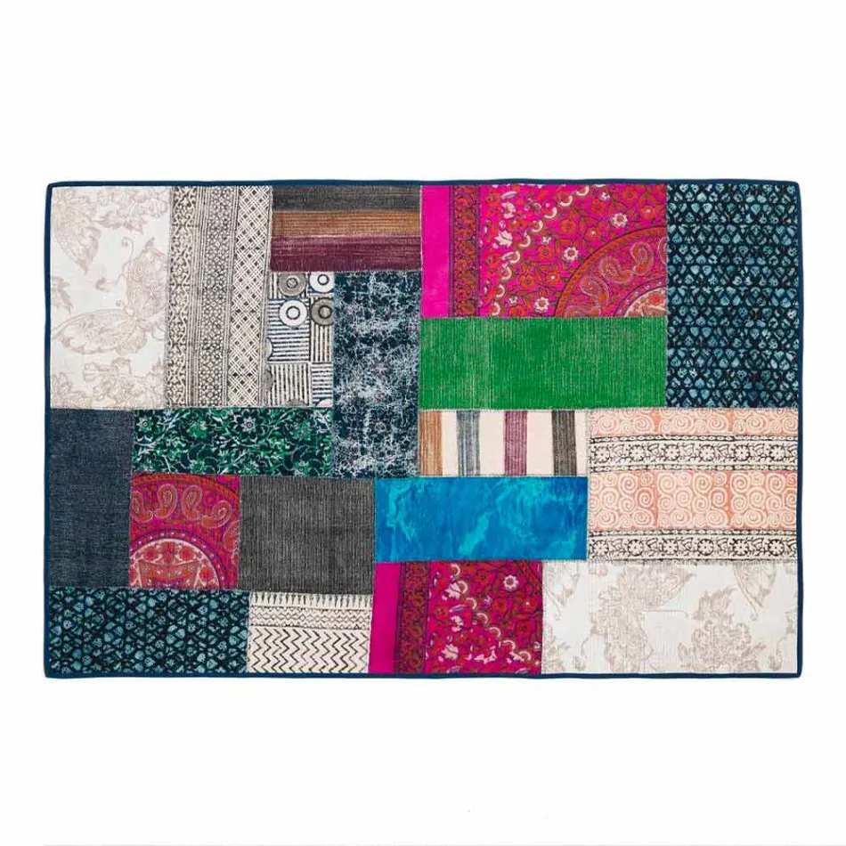 Tapis Rectangulaire en Coton Kilim Bleu avec Patchwork Coloré - Fibre Viadurini