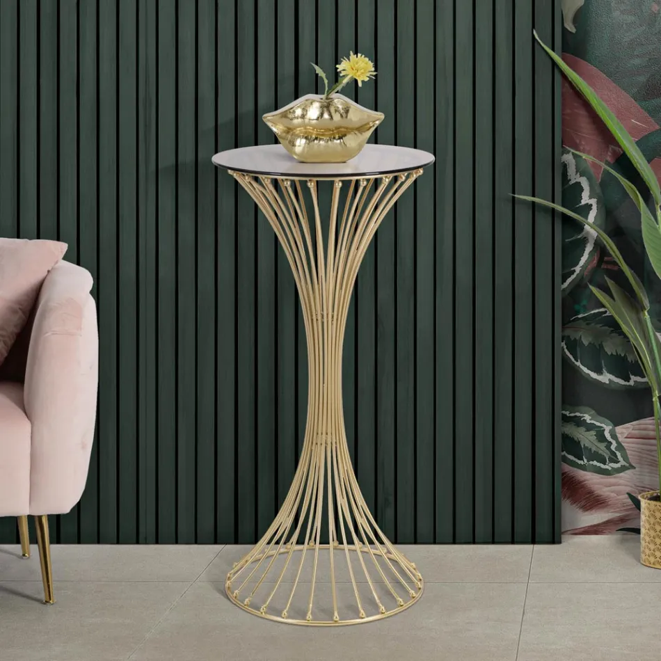 Table Basse Ronde Haute en Fer Doré avec Sphères et Plateau en Verre Fumé - Dexter Viadurini