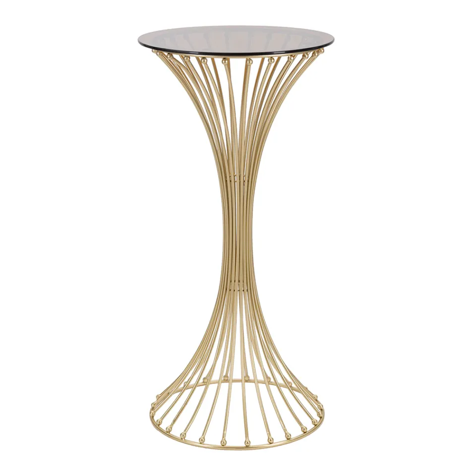 Table Basse Ronde Haute en Fer Doré avec Sphères et Plateau en Verre Fumé - Dexter Viadurini