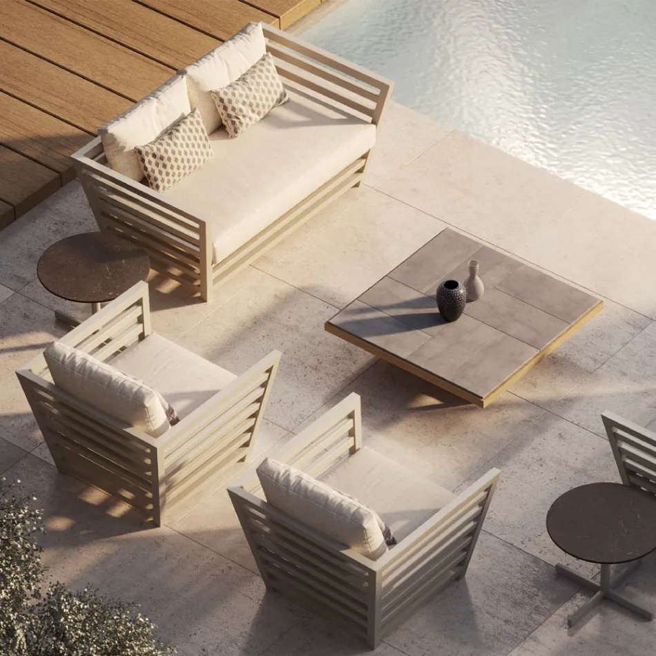 Table basse de jardin avec plateau en dalles de grès Made in Italy - Bresson Viadurini