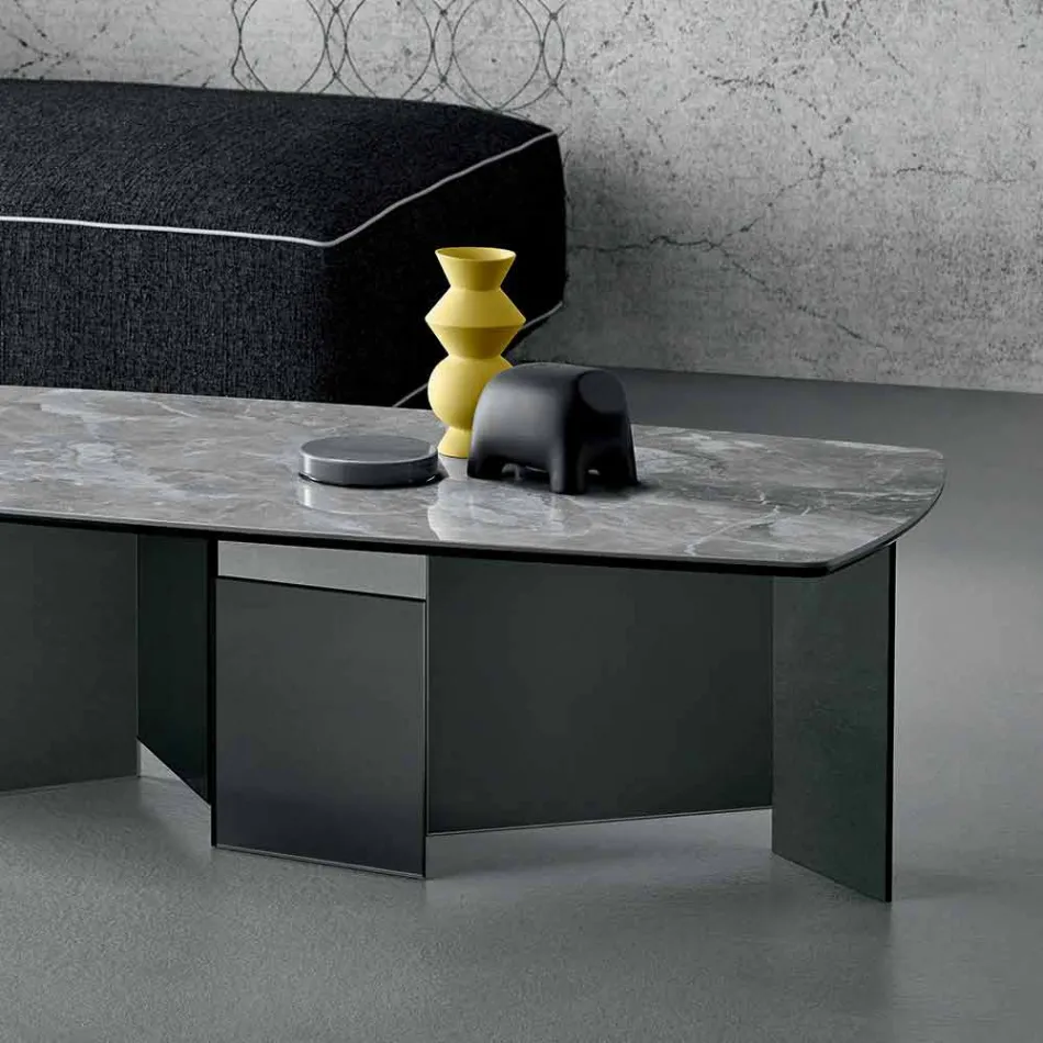 Table Basse Salon Plateau Céramique et Pieds Verre Fumé 3 Tailles - Aléatoire Viadurini