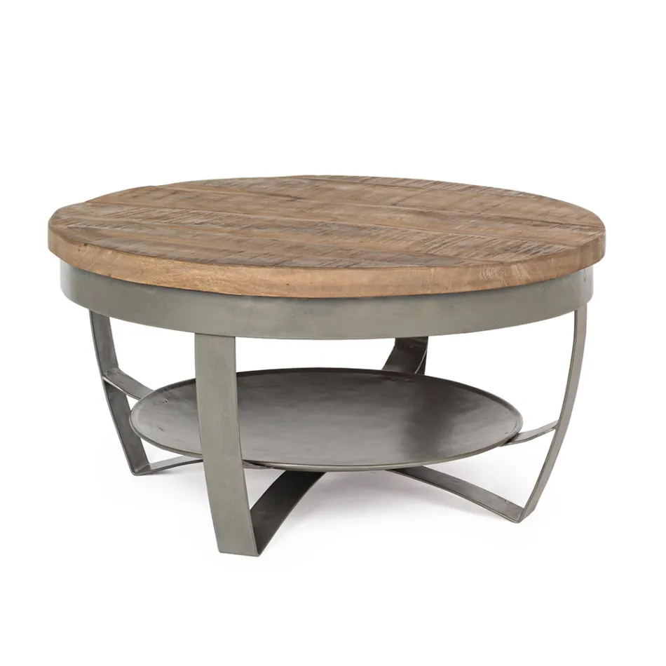 Table basse ronde de salon en manguier et acier - Moncheri Viadurini