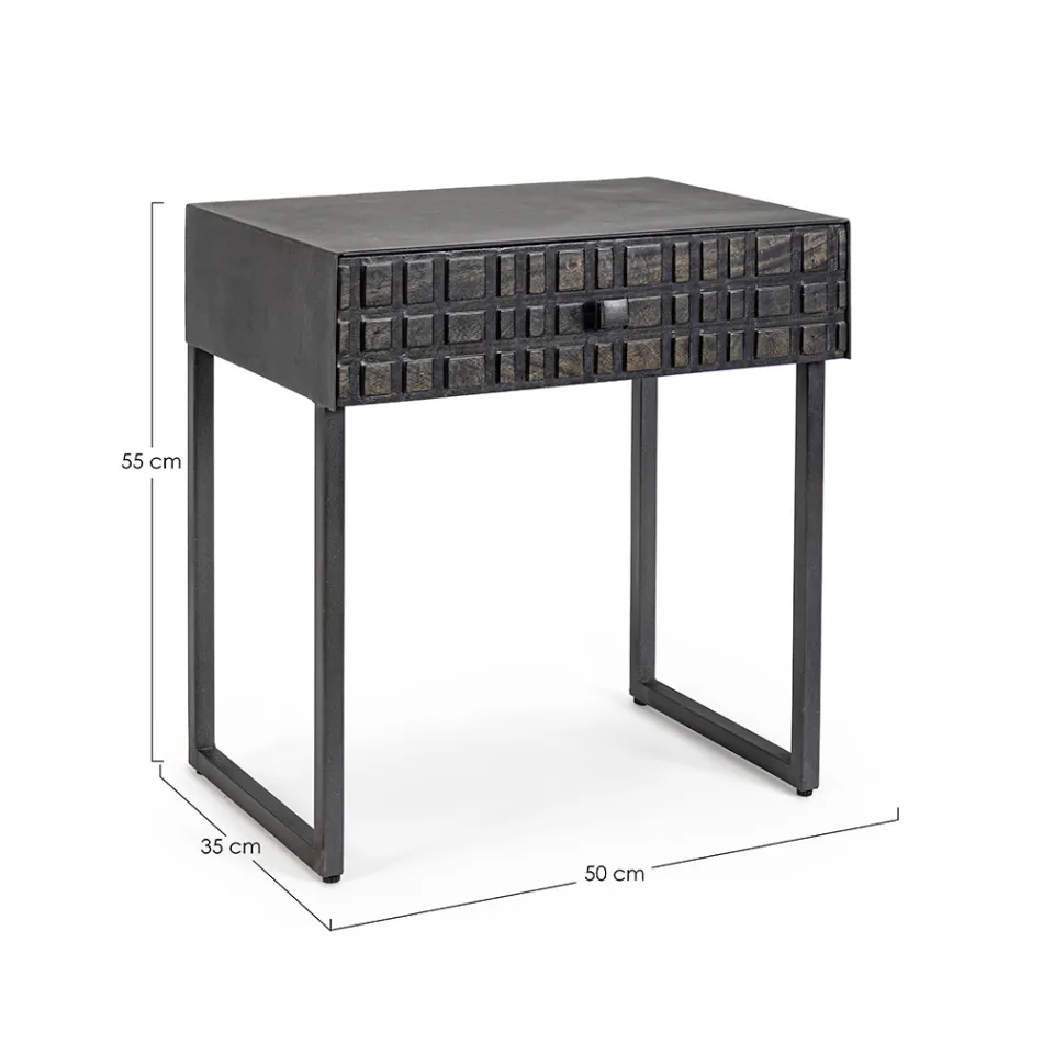 Table de Chevet en Acier et Bois de Manguier de Design Ethnique - Mireo Viadurini