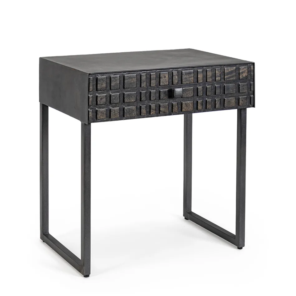 Table de Chevet en Acier et Bois de Manguier de Design Ethnique - Mireo Viadurini