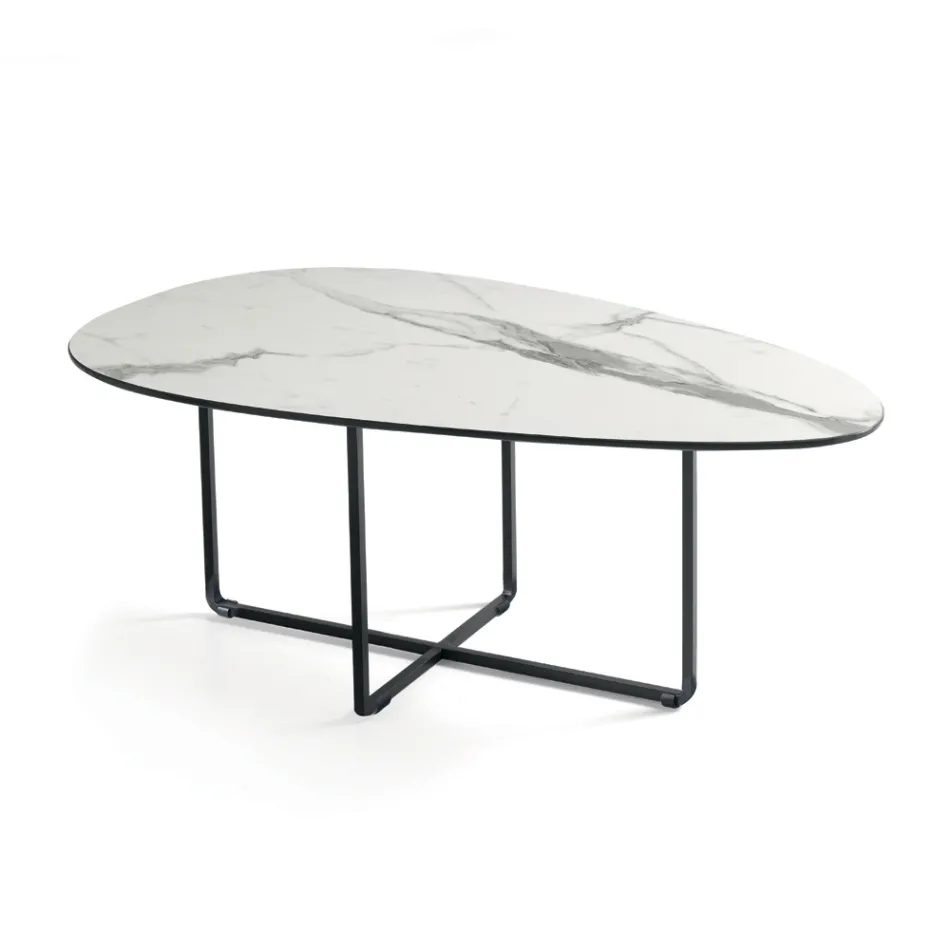 Table basse avec piètement en métal, miroir et plateau en céramique effet marbre - Gisella Viadurini
