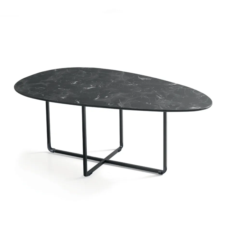 Table basse avec piètement en métal, miroir et plateau en céramique effet marbre - Gisella Viadurini