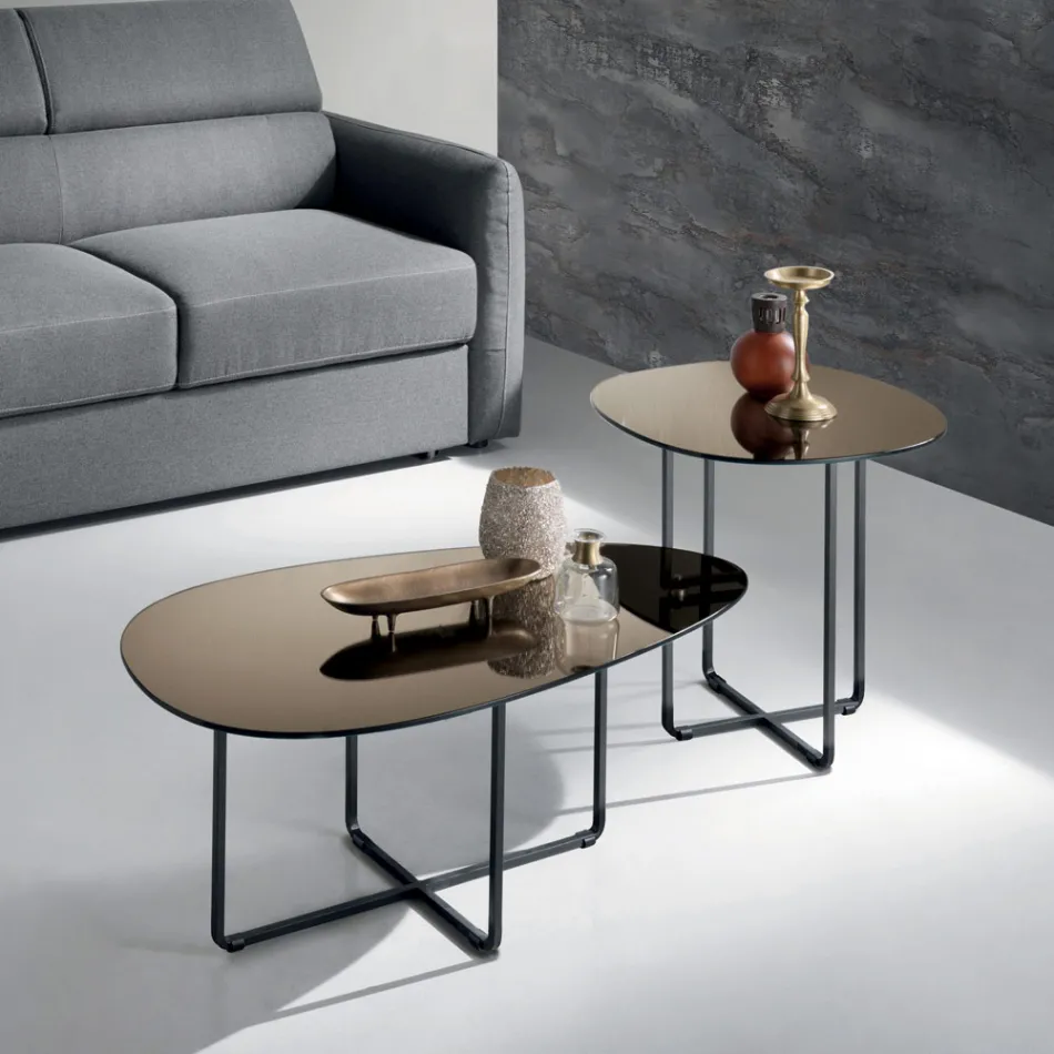 Table basse avec piètement en métal, miroir et plateau en céramique effet marbre - Gisella Viadurini