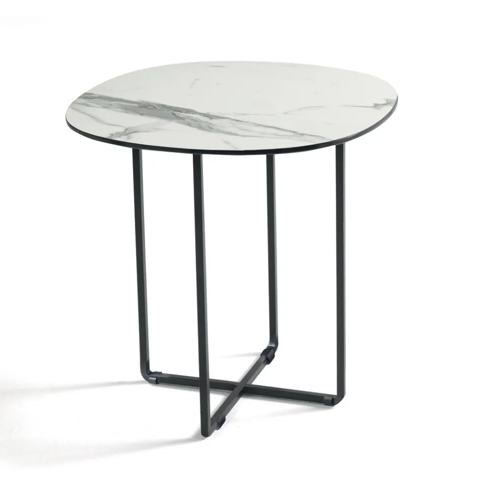 Table basse avec piètement en métal, miroir et plateau en céramique effet marbre - Gisella Viadurini