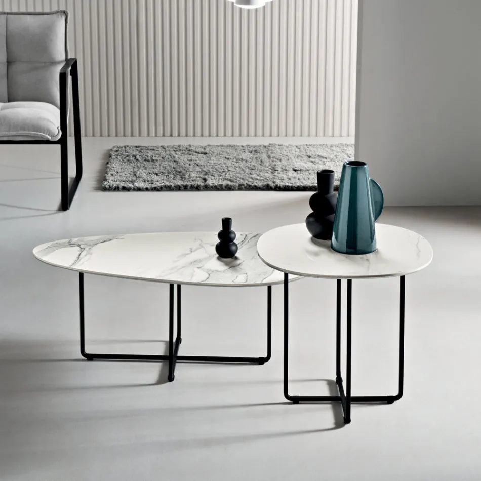 Table basse avec piètement en métal, miroir et plateau en céramique effet marbre - Gisella Viadurini