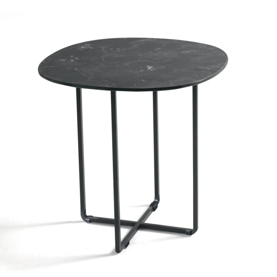 Table basse avec piètement en métal, miroir et plateau en céramique effet marbre - Gisella Viadurini