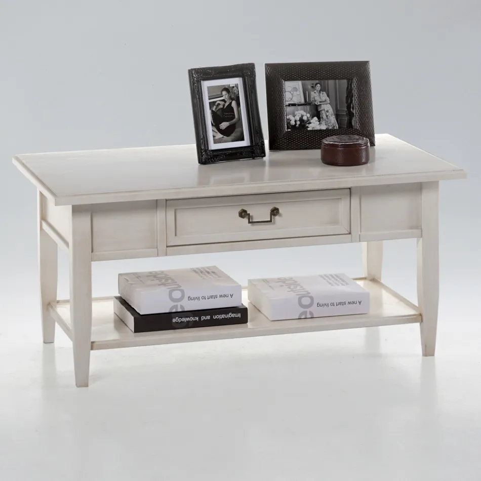 Table basse avec tiroir et étagère en bois patiné Made in Italy - Tuoni Viadurini