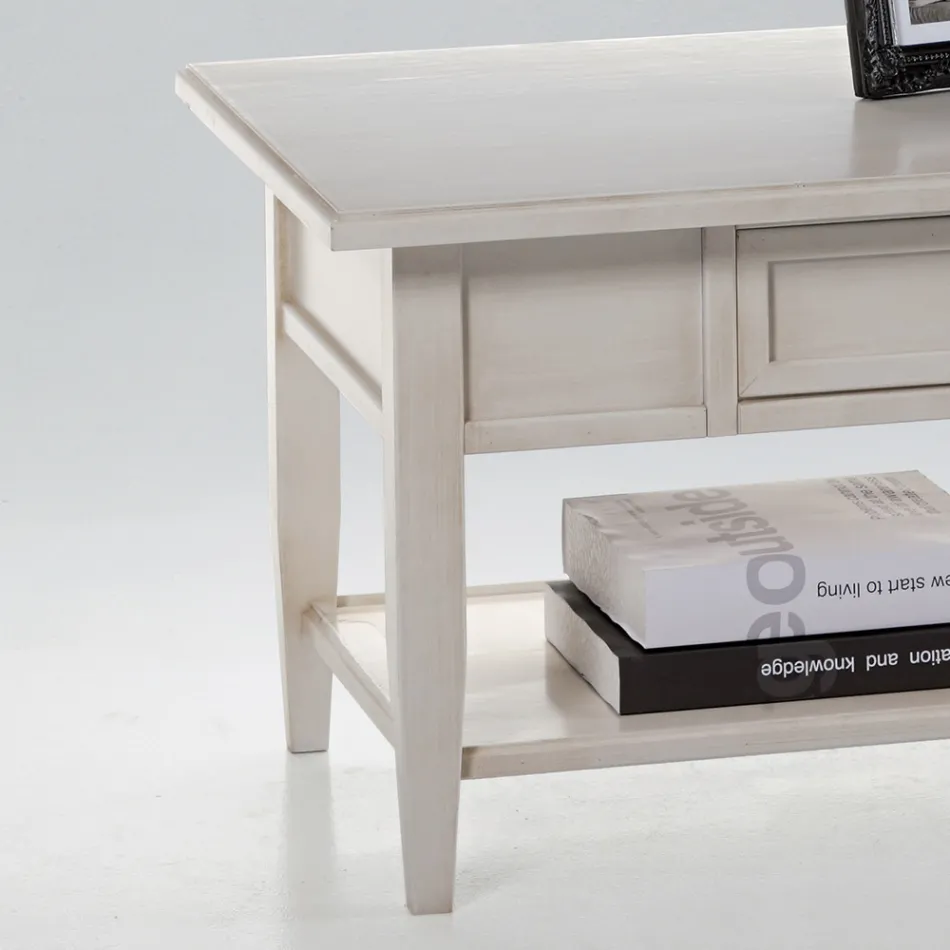 Table basse avec tiroir et étagère en bois patiné Made in Italy - Tuoni Viadurini
