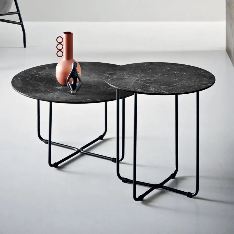 Table basse avec miroir et plateau en céramique effet marbre, fabriquée en Italie - Giusta Viadurini