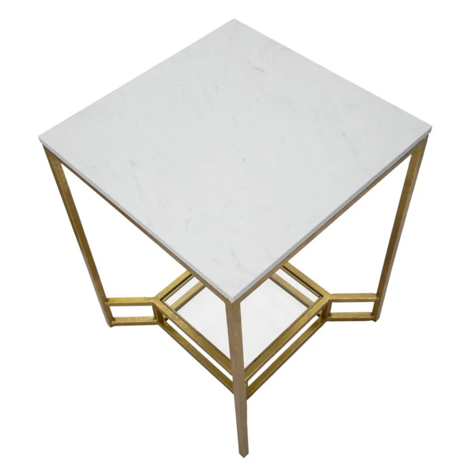 Table basse carrée dorée en fer, résine blanche et verre - Tokyo Viadurini