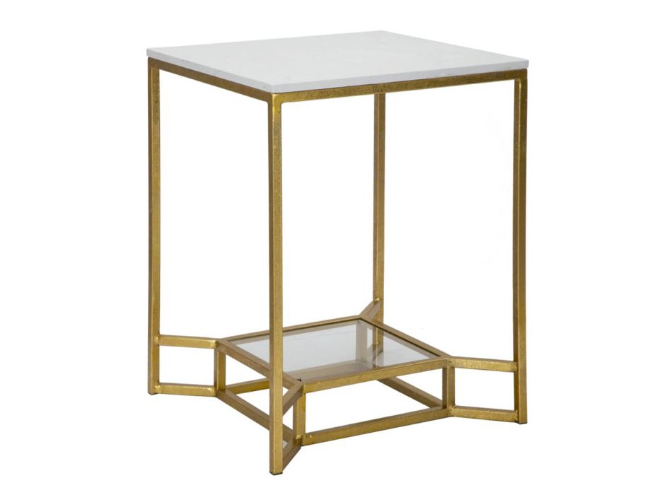 Table basse carrée dorée en fer, résine blanche et verre - Tokyo Viadurini