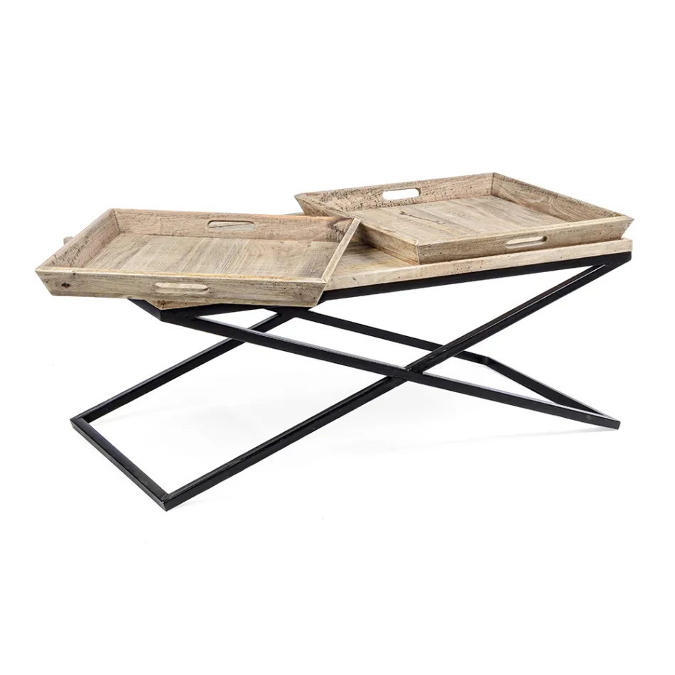 Table basse en acier avec plateau en bois de manguier design - Cesira Viadurini