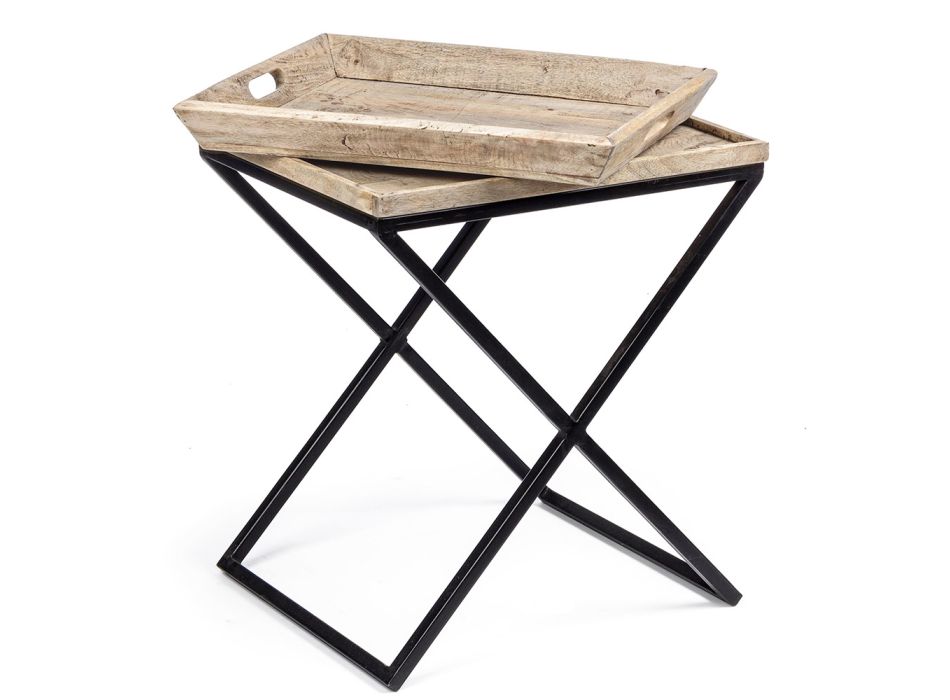 Table basse en acier avec plateau en bois de manguier design - Cesira Viadurini