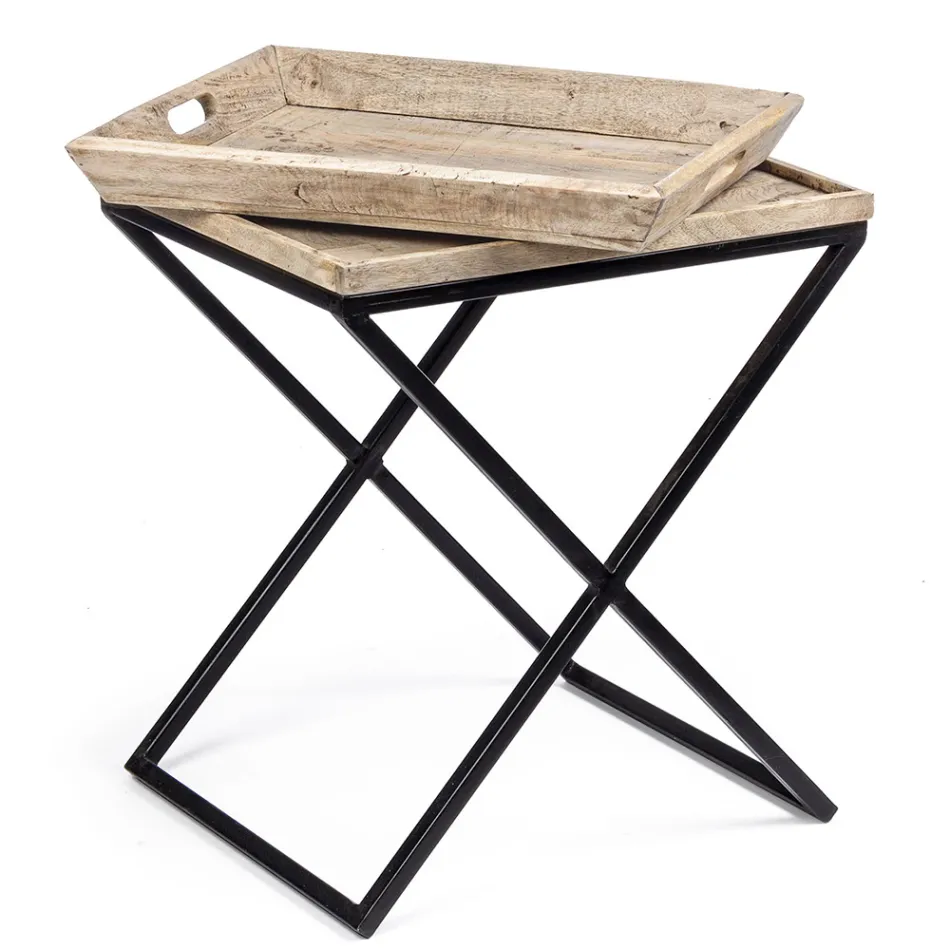 Table basse en acier avec plateau en bois de manguier design - Cesira Viadurini
