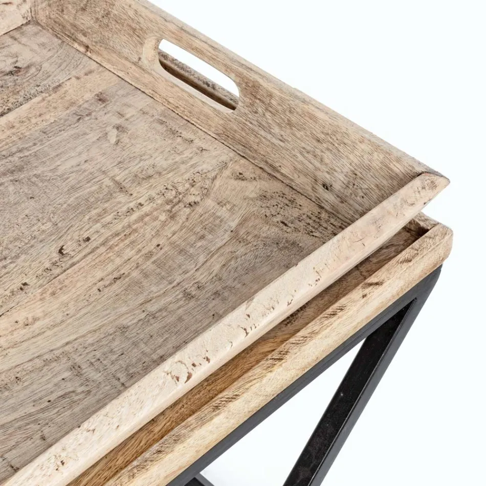 Table basse en acier avec plateau en bois de manguier design - Cesira Viadurini