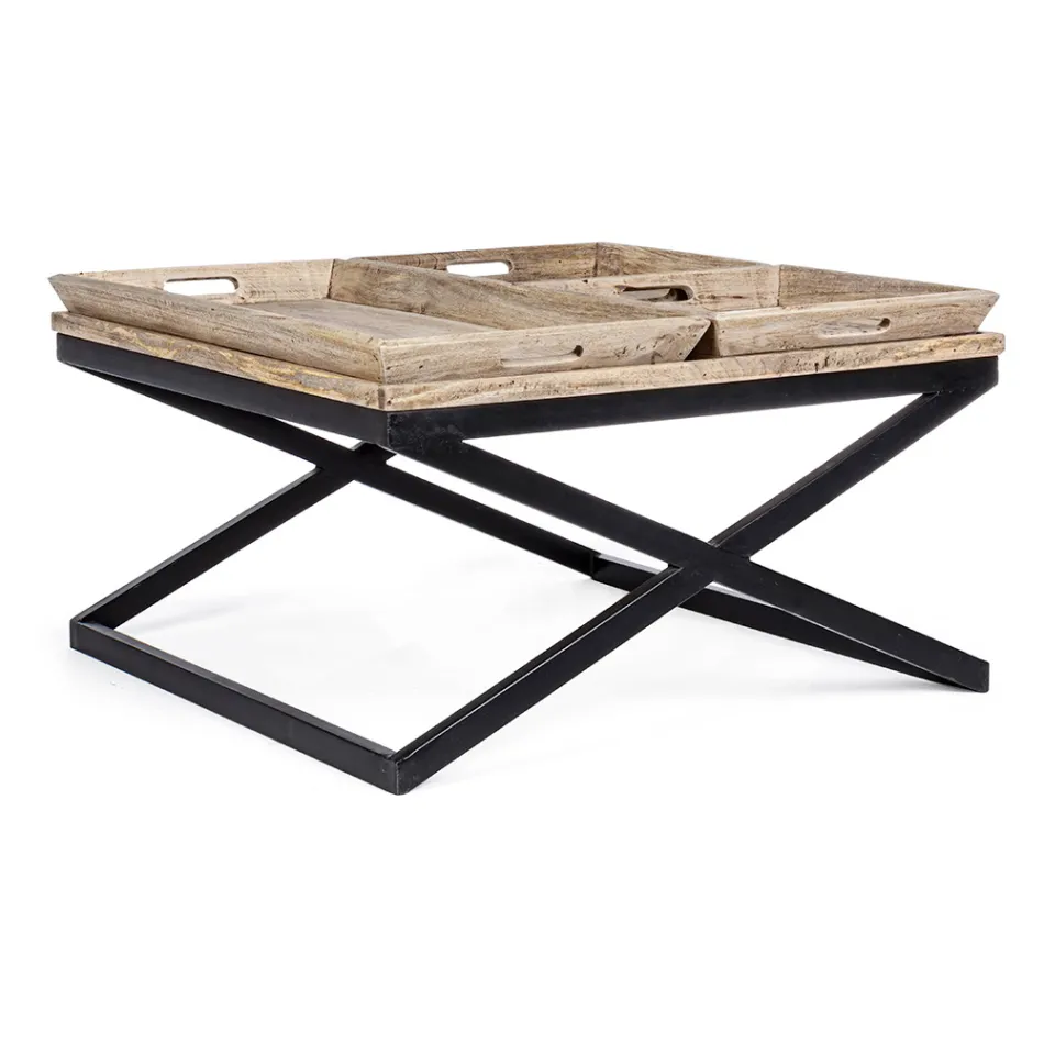 Table basse en acier avec plateau en bois de manguier design - Cesira Viadurini