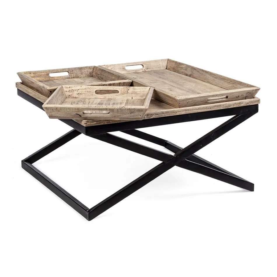 Table basse en acier avec plateau en bois de manguier design - Cesira Viadurini