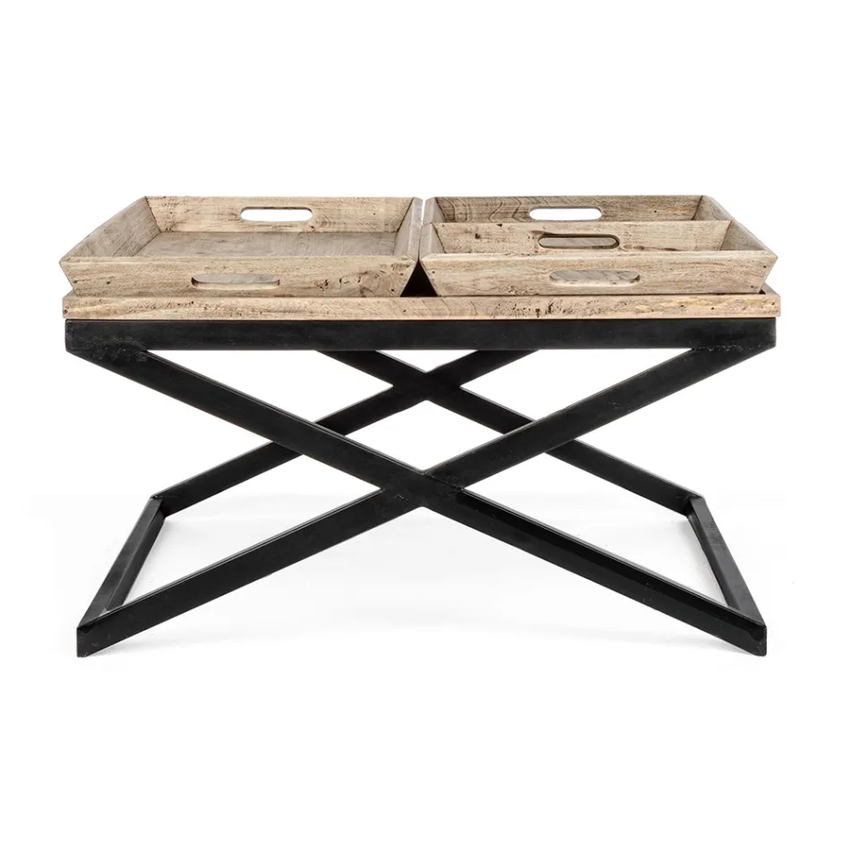 Table basse en acier avec plateau en bois de manguier design - Cesira Viadurini