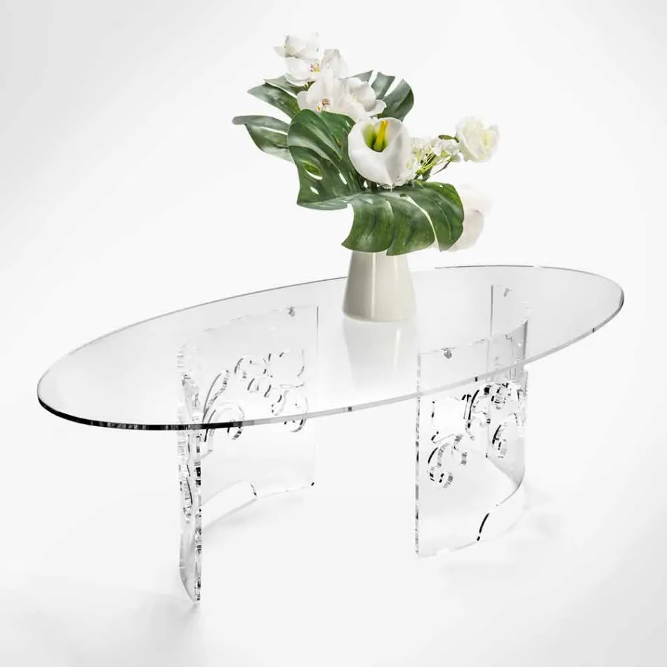 Table basse en plexiglas fumé ou transparent avec base décorée - Crassus Viadurini